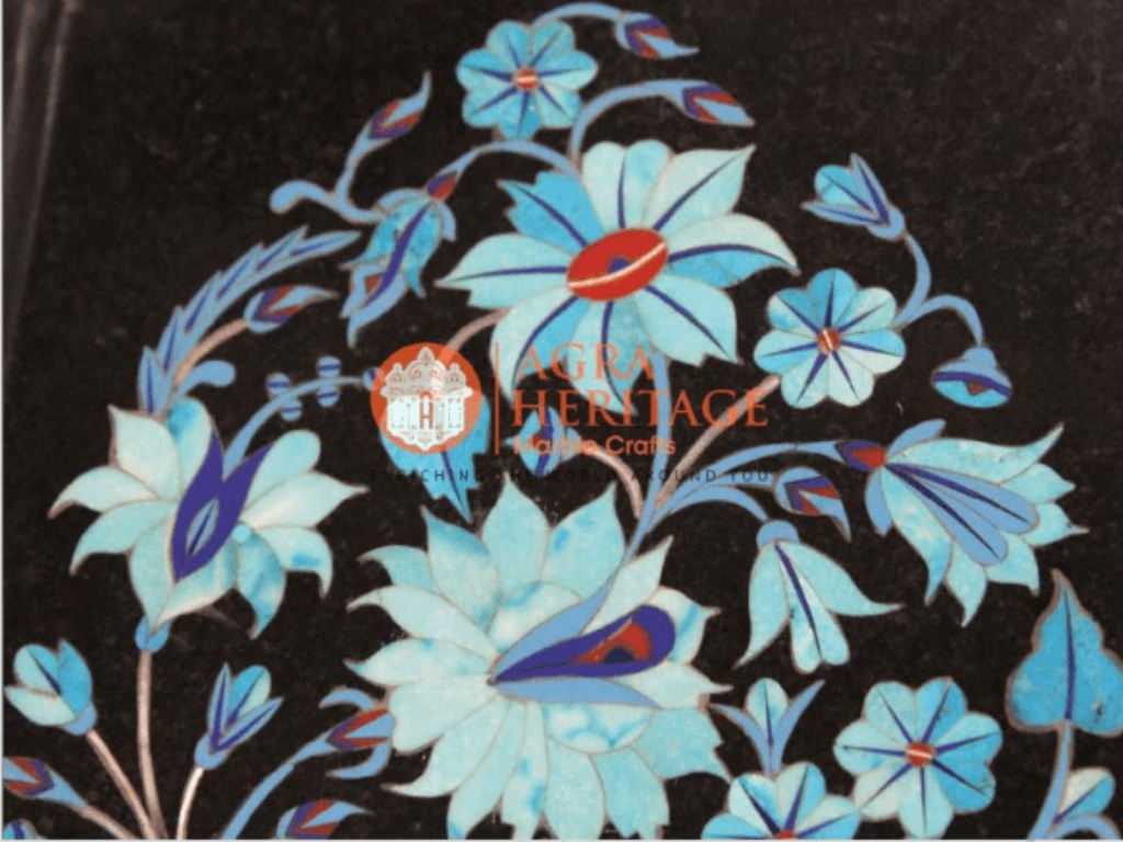 Black Marble Turquoise inlay Floral Art Dish Plate